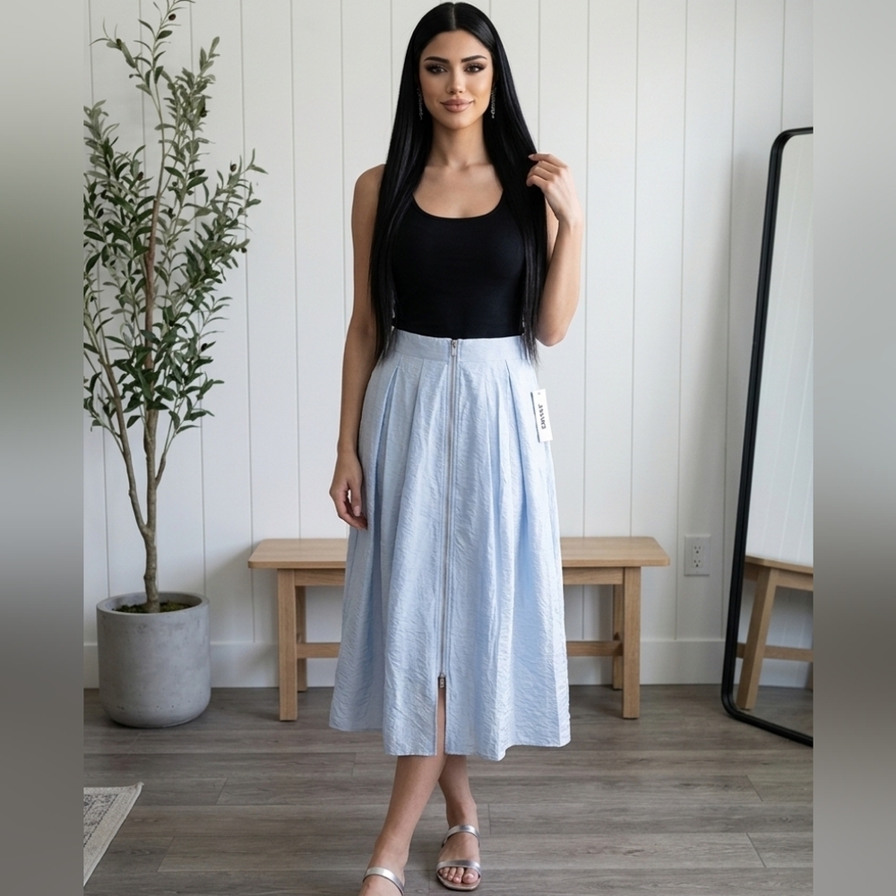 DKNY Sky Blue Satin Lined Midi Skirt w/Center Zip Women's Size Large NWT